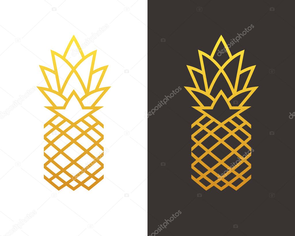 Mono line pineapple logo in golden color. Linear exotic fruit icon, symbol.