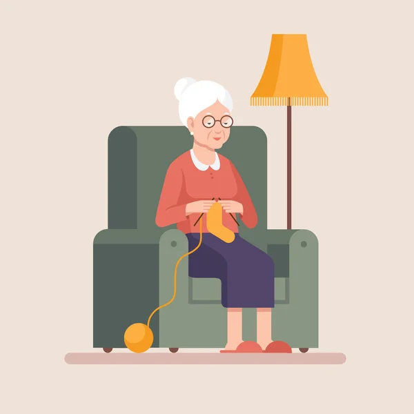 Starší Žena Plete Když Sedí Křesle Babička Dělá Koníčka Interiéru — Stockový vektor