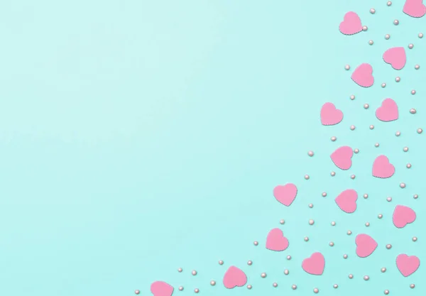 Valentine Day Blue Background Pink Hearts Beads Valentine Greeting Card — 스톡 사진