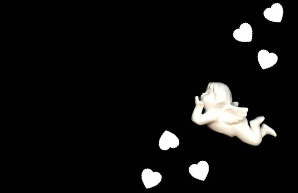 White Cupid White Hearts Black Background Male Holiday Concept Valentine — 스톡 사진