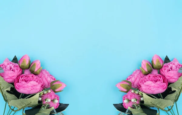 Flores Rosadas Sobre Fondo Azul Día Madre Concepto Primavera Saludo — Foto de Stock