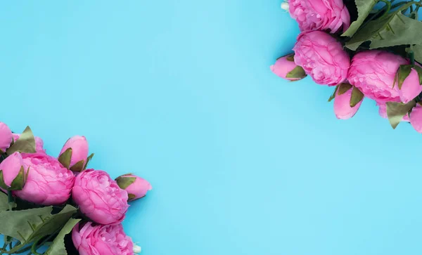 Flores Rosadas Sobre Fondo Azul Día Madre Concepto Primavera Saludo — Foto de Stock
