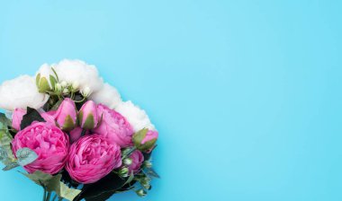 Mavi arka planda pembe ve beyaz çiçekler. Anneler Günü, bahar konsepti. Selamlar, davetiye. Düz konum, metin için kopyalama alanı olan üst görünüm biçimi.