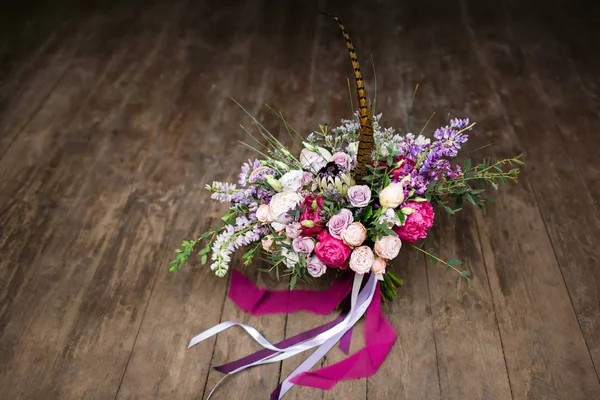 Wedding bouquet in the boho style on the wooden background. — Stock Photo, Image