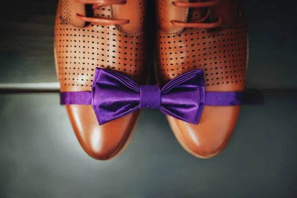 Brown leather shoes and purple bow tie.