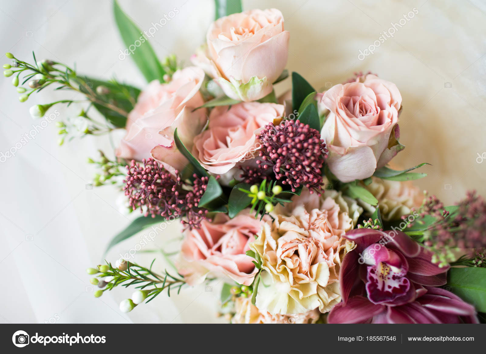 Close Up Beautiful Luxury Bouquet Of Mixed Flowers In Glass Vases