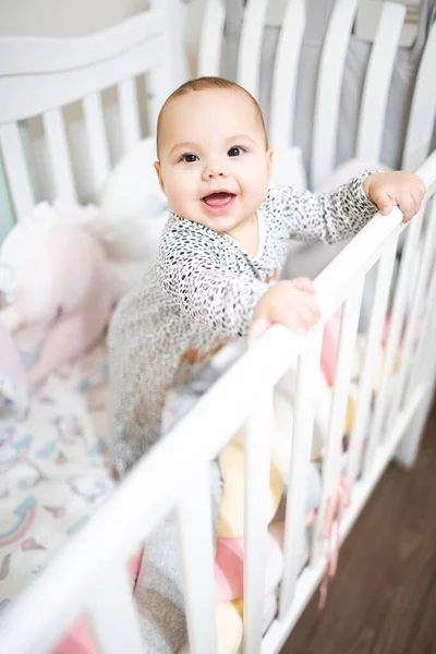 Smiling Child Standing Crib — Stock Photo, Image