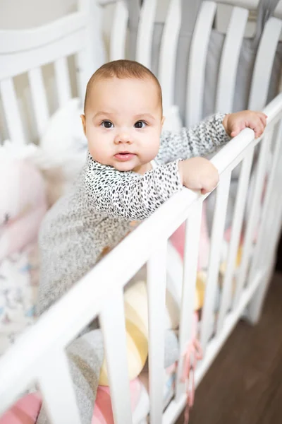 Smiling Child Standing Crib — Stock Photo, Image