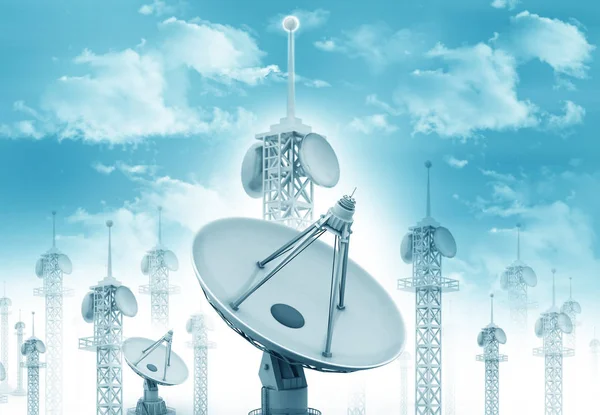 Antena Antena Parabólica Con Torres Telecomunicaciones Cielo Azul —  Fotos de Stock