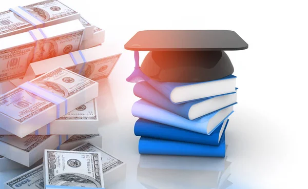 Graduation Mortar Board Cap Books Stack Dollars — Stock Photo, Image