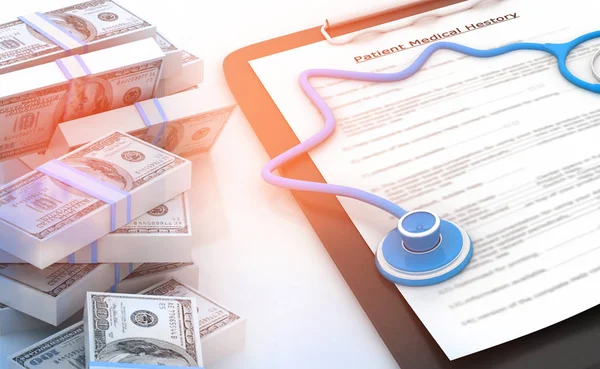 Concetto Costo Sanitario Appunti Stetoscopio Con Pila Dollari — Foto Stock