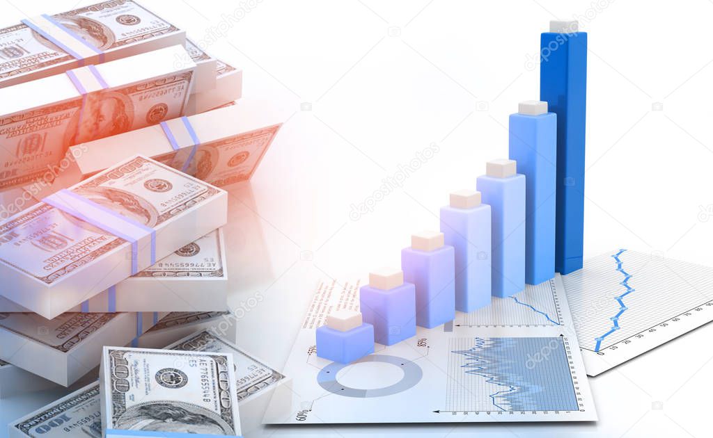 Business graph and business documents with stack of us dollars