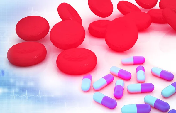 Tabletták Vörös Vérsejtek Folyó Emberi Vér Sejtek — Stock Fotó