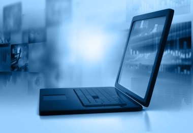 iş grafik bilgilerini diyagramlarıyla 3D render laptop. iş pazarlama