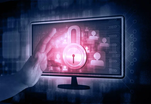 Veiligheidsconcept Gesloten Pad Slot Computer Monitor Met Hacker Hand Internet — Stockfoto