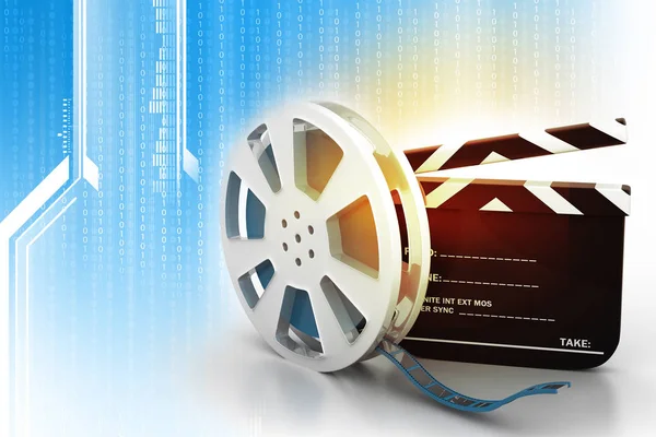 film slate and movie reel on tech background