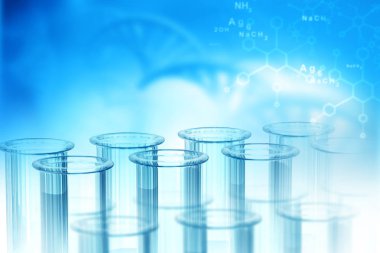 Laboratuvar, kimya, Dna yapısı, mavi arka plan üzerinde. 3D çizim Biyokimya kavramı