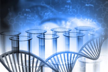 Laboratuvar, kimya, Dna yapısı, mavi arka plan üzerinde. 3D çizim Biyokimya kavramı