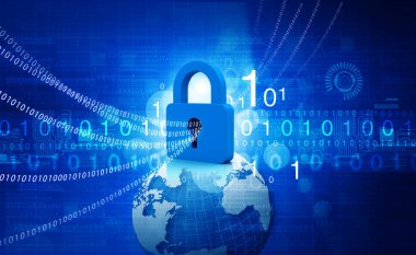 Internet güvenlik kavramı. İkili Akımlarla asma kilit. 3D render