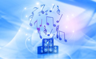 nota ve hoparlörler 3D çizimi. Müzik arka plan