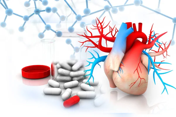 Virtual image of human heart with medicine. 3d render