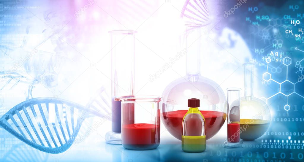 Laboratory glassware. Abstract Science background. 3d render  