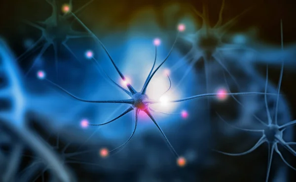抽象蓝色背景下的神经元细胞 — 图库照片