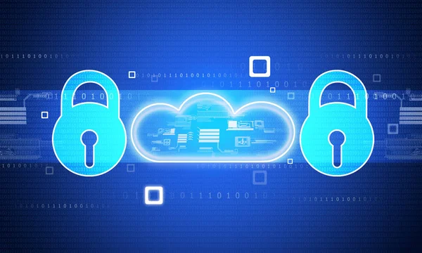 Pad lock with cloud on blue background. Cloud security concept. 2d illustration