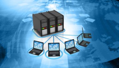 Bilgisayar ağ ve internet iletişim kavramı. 3D çizim