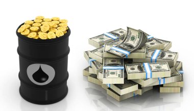 petrol varil Doları notlar ve altın .3d illüstrasyon
