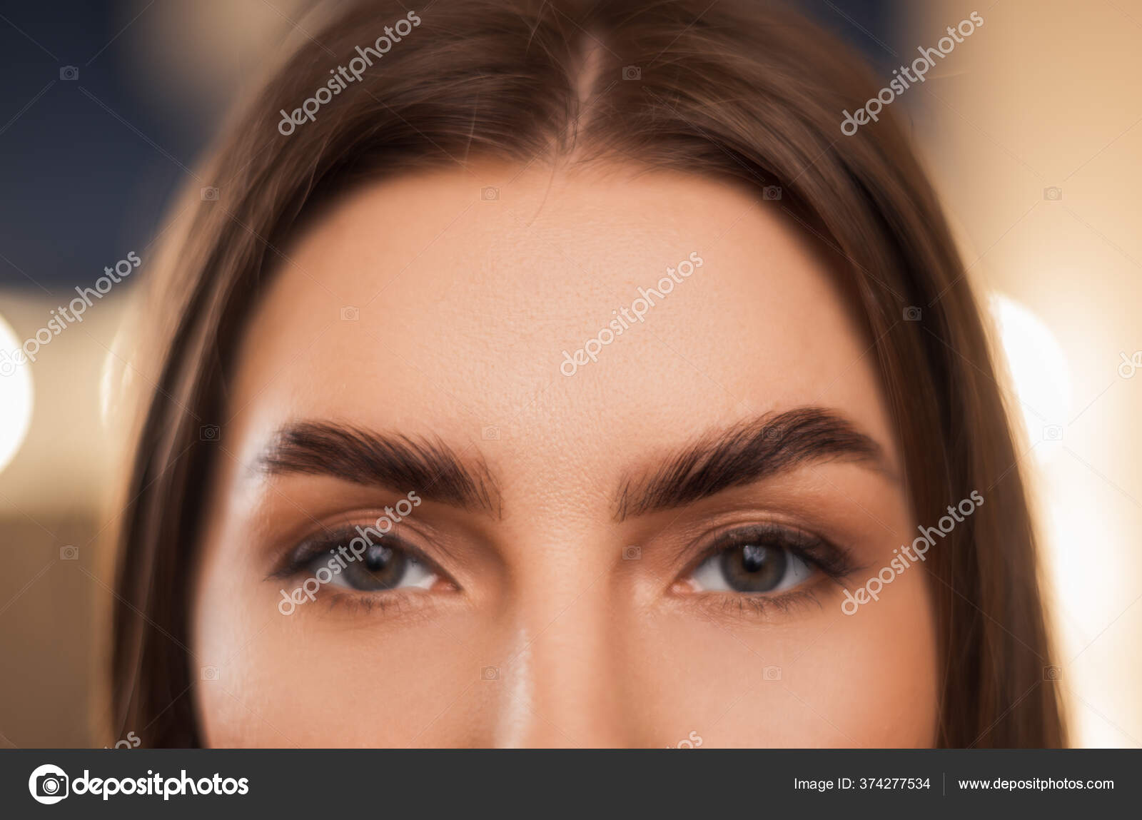 Closeup of laminated and stained eyebrows. Stock Photo by
