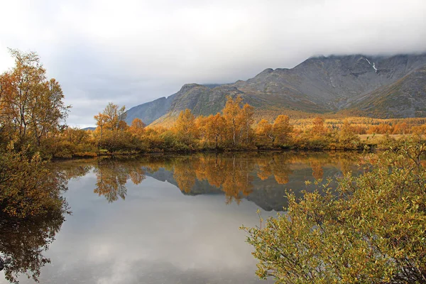 Bosque Otoñal Con Reflejo Lago Sobre Fondo Las Montañas —  Fotos de Stock