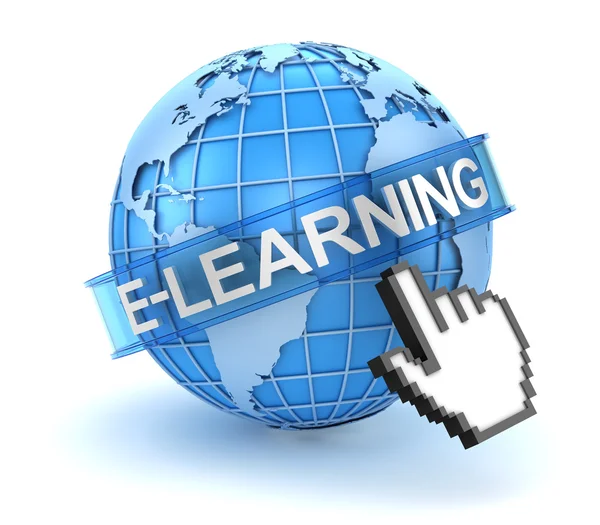 Koncepcja E-learning z świata i ręcznie kursora — Zdjęcie stockowe