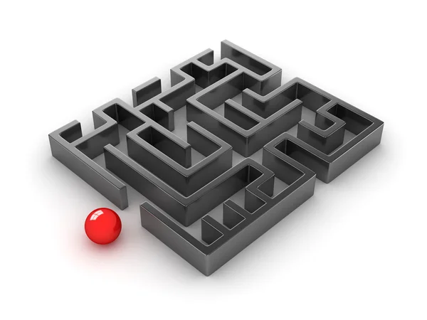 Schwarzes Labyrinth und rote Kugel auf weißem Hintergrund — Stockfoto