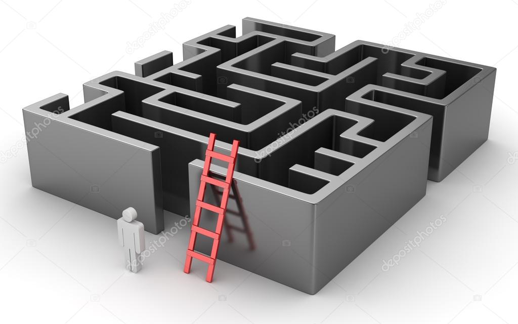 Man looking for the solution of the maze