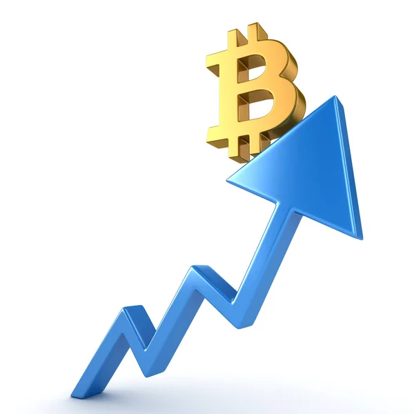 Bitcoin-Symbol und blauer Pfeil — Stockfoto