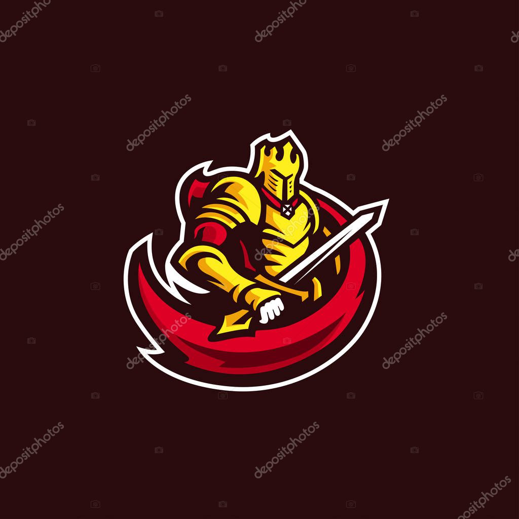 Swordsman with knight logo on black background