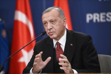 BELGRAD, SERBIA - 7 Ekim 2019: Türkiye Cumhurbaşkanı Recep Tayyip Erdoğan iki günlük Sırbistan ziyaretinde