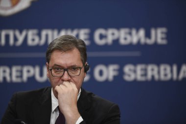 BELGRAD, SERBIA - 7 Ekim 2019: Sırbistan Cumhuriyeti Cumhurbaşkanı Aleksandar Vuciç Sırbistan 'ın Belgrad kentinde düzenlenen Sırp-Türk ikili toplantısında basın toplantısında