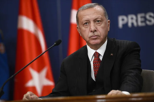 BELGRAD, SERBIA - 7 Ekim 2019: Türkiye Cumhurbaşkanı Recep Tayyip Erdoğan iki günlük Sırbistan ziyaretinde