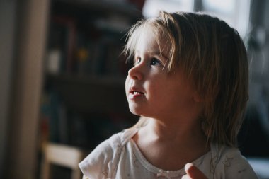İki yaşındaki küçük bir kızın portresi, kameranın yanına bakıyor, yüzünde doğal ışık var.