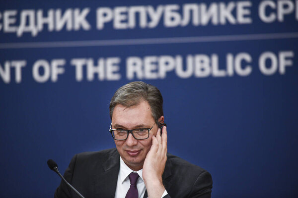 BELGRADE, SERBIA - 7 OCTOBER 2019: President of Republic of Serbia Aleksandar Vucic at press conference during serbian-turkish bilateral meeting in Belgrade, Serbia