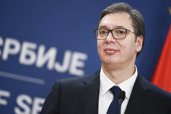 Belgrade Serbia Grudzień 2019 Aleksandar Vucic Prezydent Serbii Przemawia Mediów Obrazek Stockowy