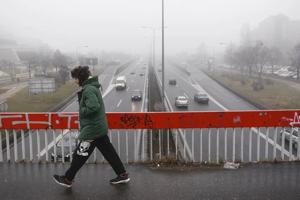 Belgrade Serbie Janvier 2020 Promenades Pédestres Sur Pont Dessus Autoroute Photos De Stock Libres De Droits