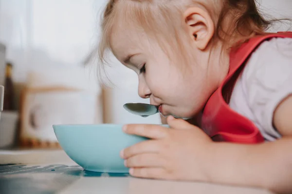 Adorable Niña Pequeña Comiendo Sopa Con Una Cuchara Mano Concepto Fotos de stock libres de derechos