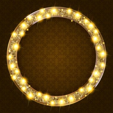 ışıkları karanlık bir arka plan ile yuvarlak altın çerçeve