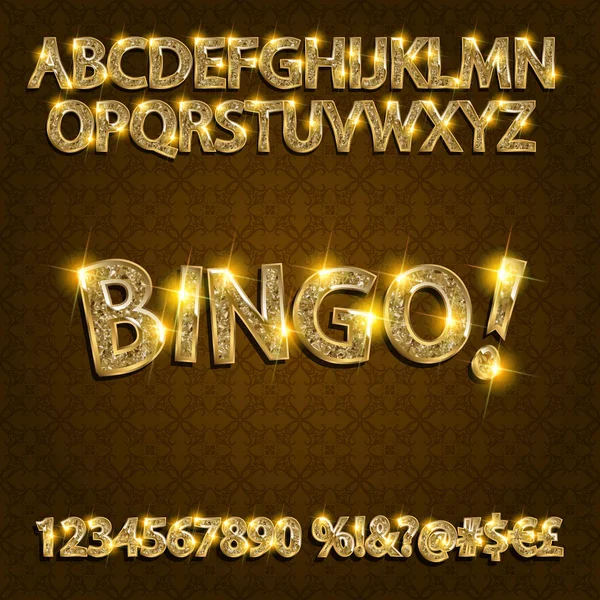 Bingo. Gyllene glödande alfabetet — Stock vektor