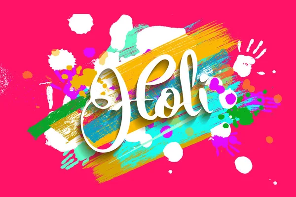 Happy holi on a background of hand prints. — Stock Vector