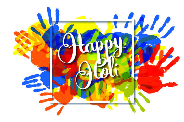 Happy Holi на фоне отпечатков рук
