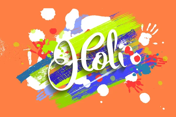 Happy holi on a background of hand prints. — Stock Vector